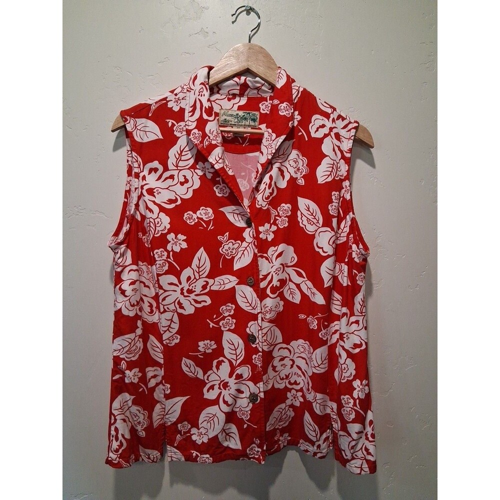 Havana Jack's Cafe Woman 2X Hawaiian Sleeveless Top Red White Floral Button Up